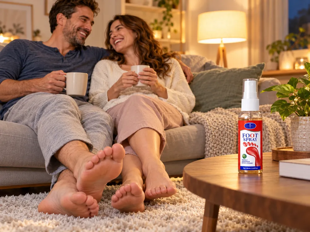 Cuplu relaxat acasă, desculț, cu spray-ul pe masă